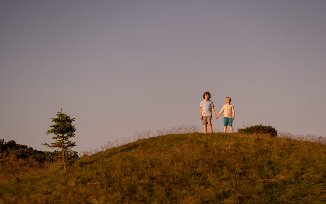 professional family photo of two boys stood on top of a hill at sunset taken at braid hills edinburgh by edinburgh family photographer beautiful bairns